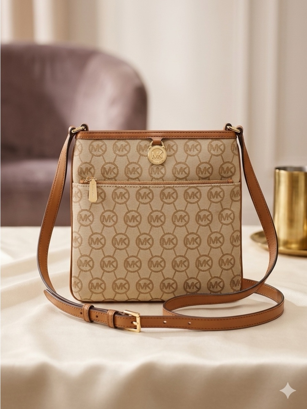 Michael Kors Beige Logo Crossbody with Tan Leather Trim